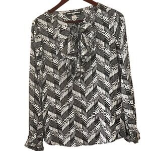 Karl Lagerfield Paris Tie Front‎ Ruffle Long Sleeve Blouse Black White Medium